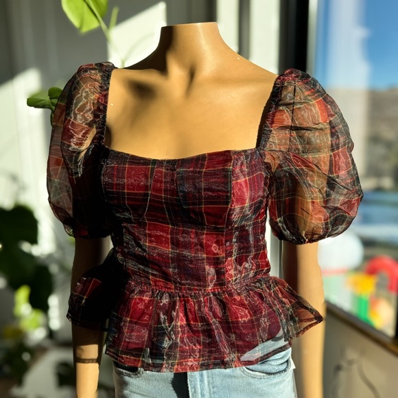 Andy Plaid Puff Sleeve Blouse by Audrey Parks of Francesca’s, NWT, Sizes: S & L - Picture 8 of 10